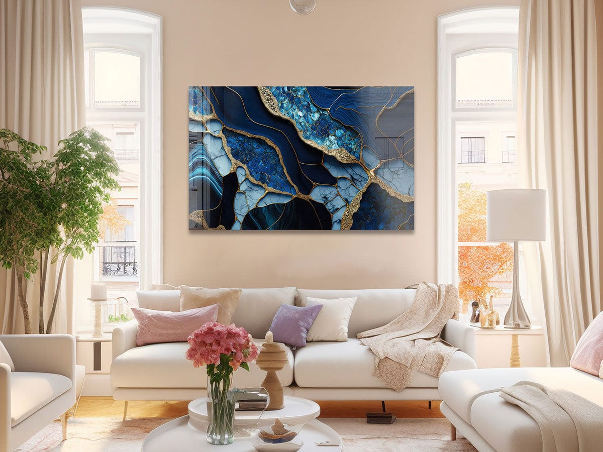 Artronauts Glass Print Golden Veined Blue Abstract