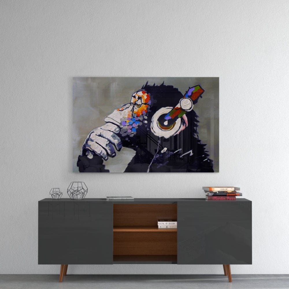 Artronauts Glass Print Banksy Thinking Chimp w Headphones