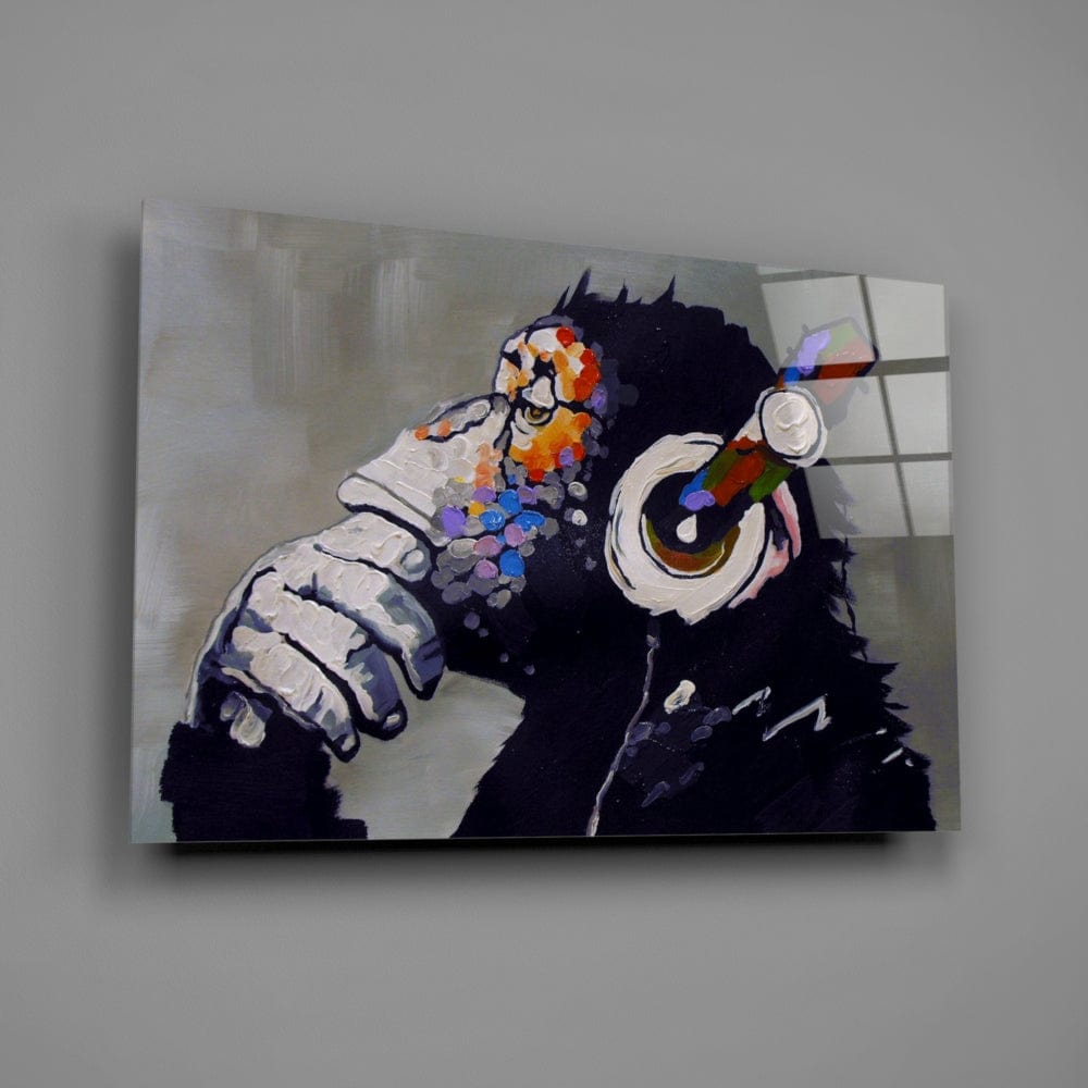 Artronauts Glass Print Banksy Thinking Chimp w Headphones