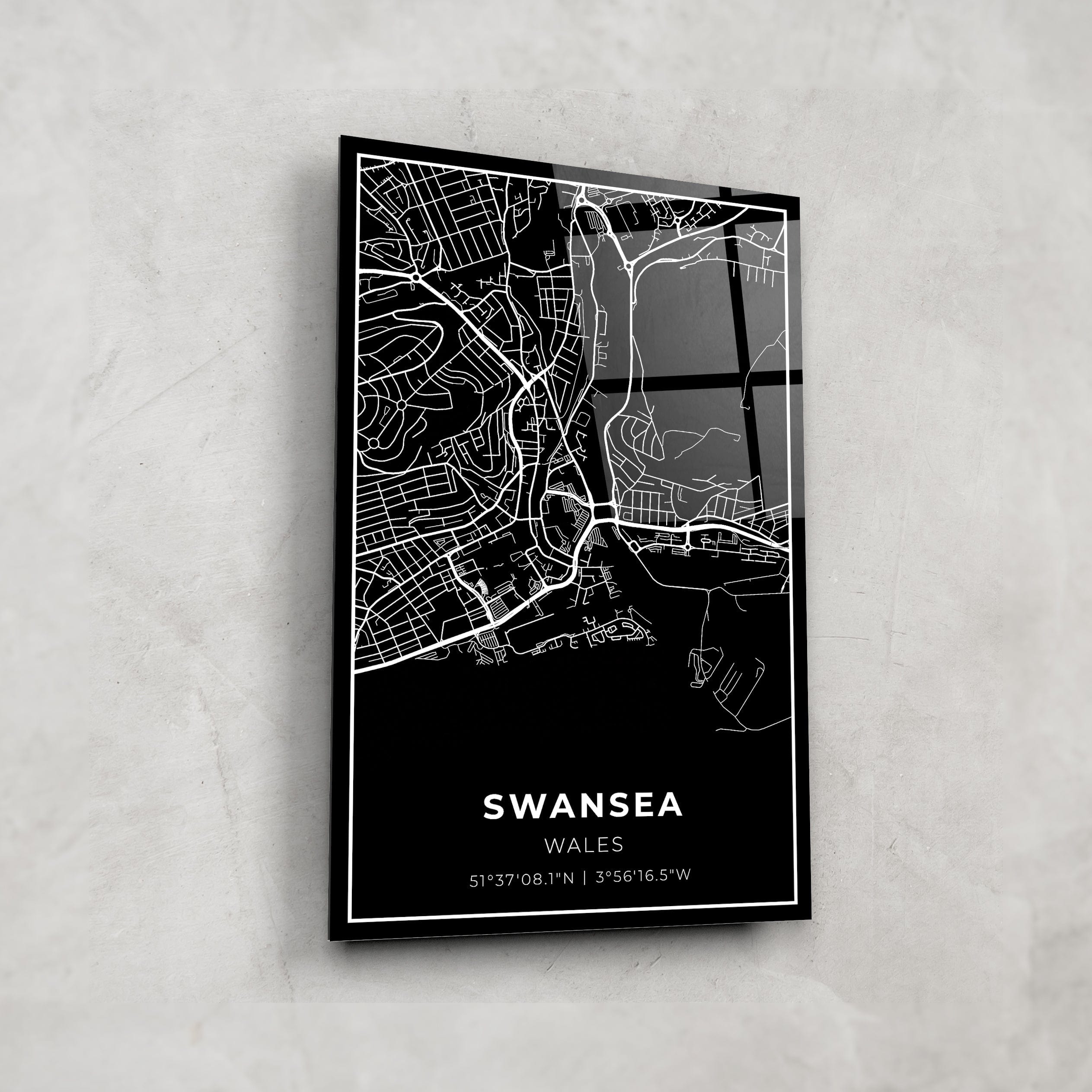 Artronauts Posters, Prints, & Visual Artwork 46x72 cm / Black Swansea Map - Glass Wall Art