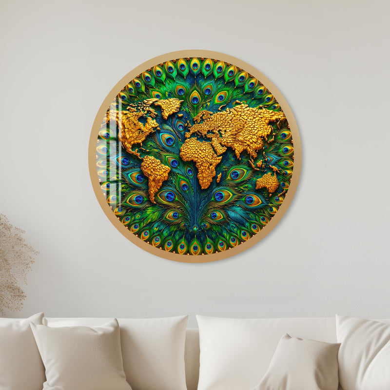 Peacock World Map with gold frame