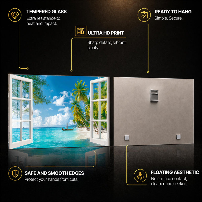 Tropical Window Escape — tempered glass, ultra HD print, ready to hang