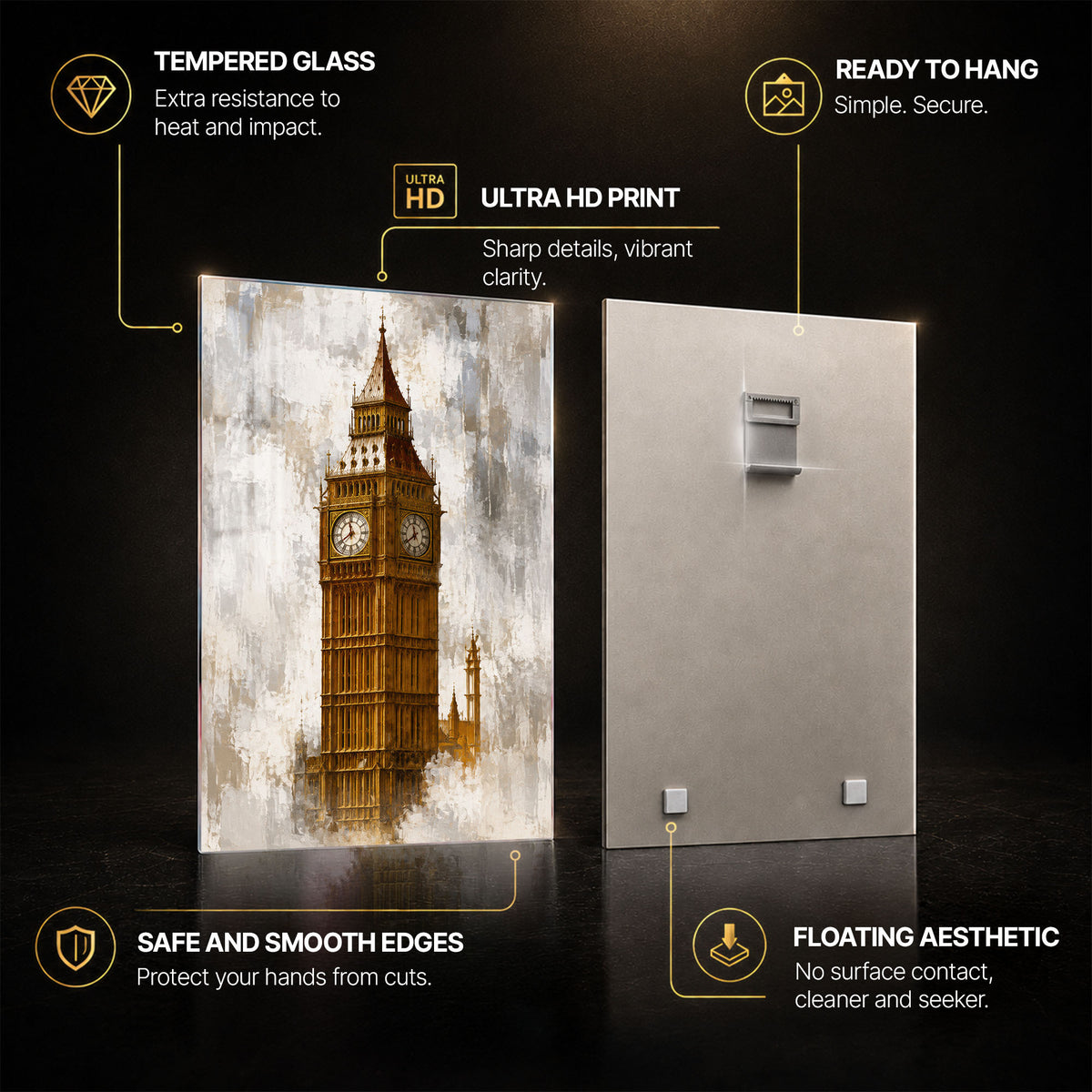 Golden Big Ben — tempered glass, ultra HD print, ready to hang