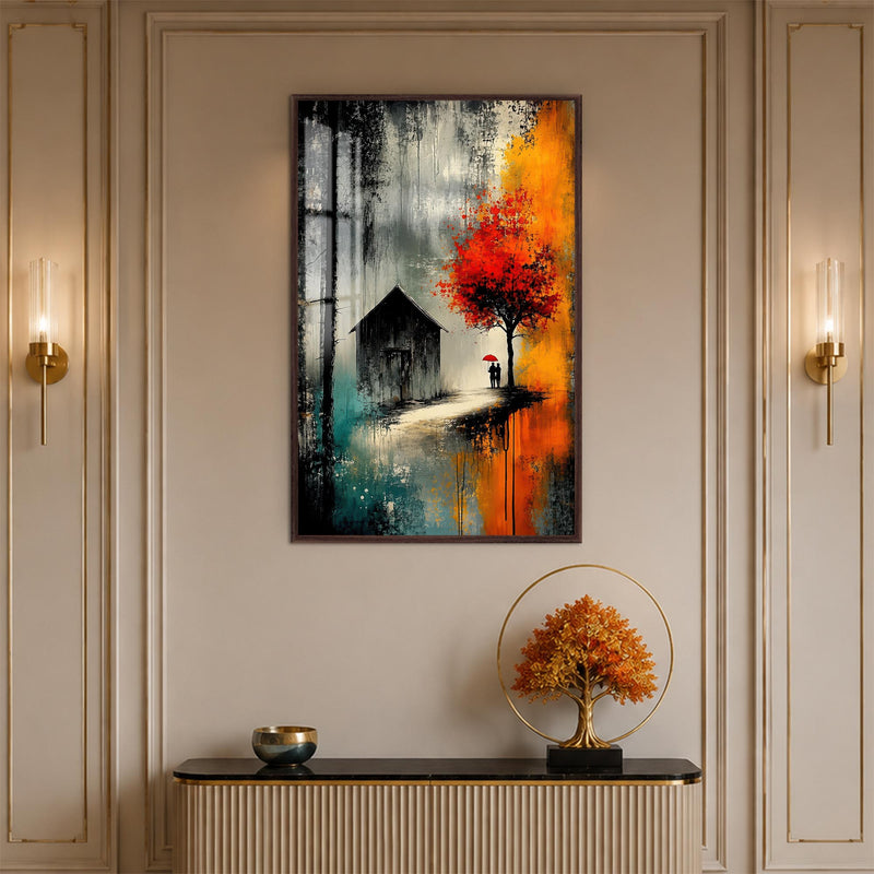 Couple Beneath Autumn Tree with walnut frame