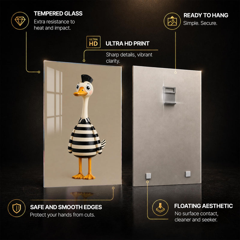 Striped Duck Character — tempered glass, ultra HD print, ready to hang