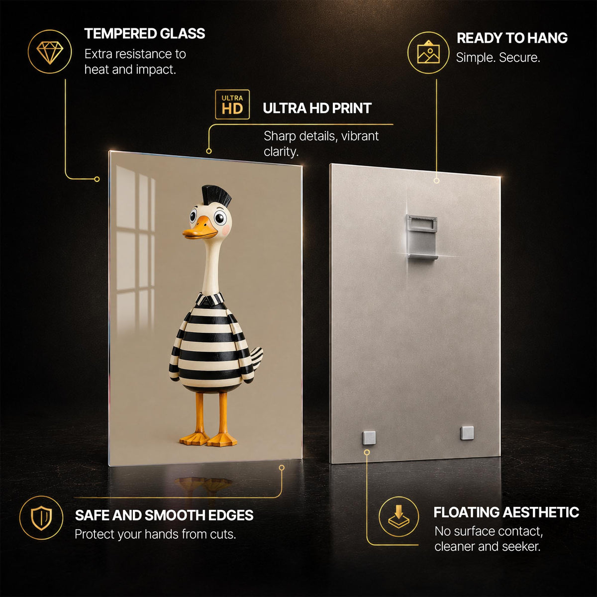 Striped Duck Character — tempered glass, ultra HD print, ready to hang