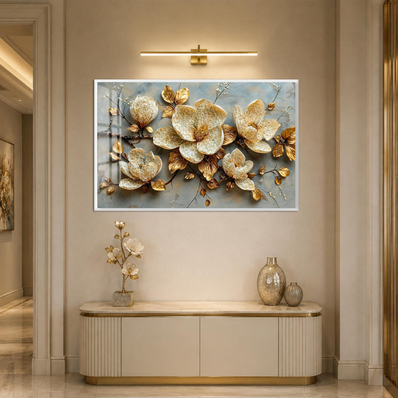 Artronauts Glass Print 18x12 cm | 7.1"x4.7" / White Jewelled Gold Magnolia Glass Wall Art
