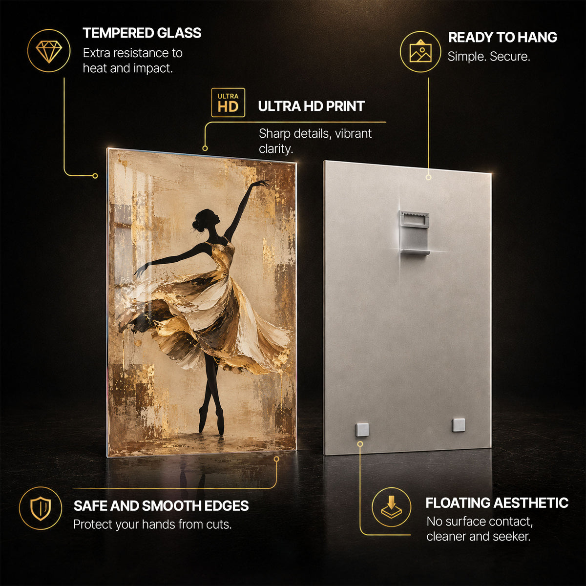 Golden Ballet — tempered glass, ultra HD print, ready to hang