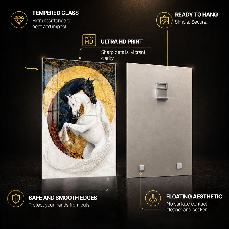 Golden Equine Harmony — tempered glass, ultra HD print, ready to hang