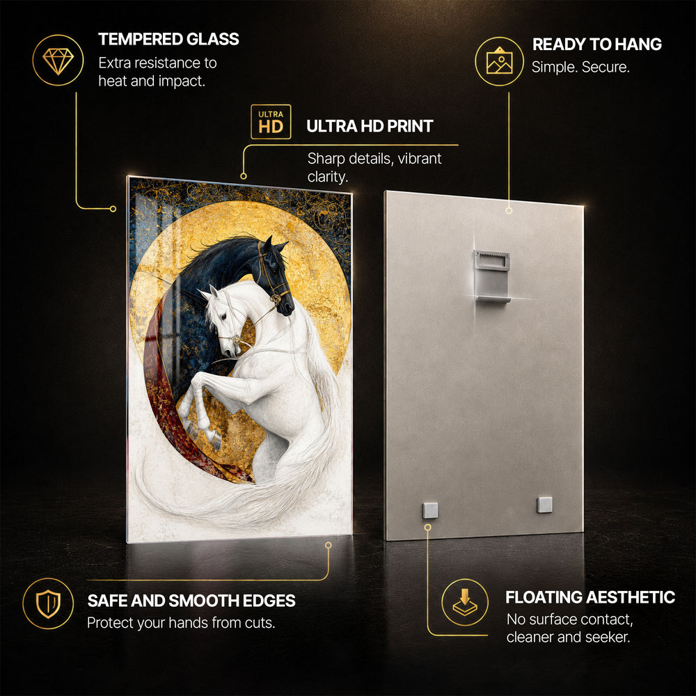 Golden Equine Harmony — tempered glass, ultra HD print, ready to hang