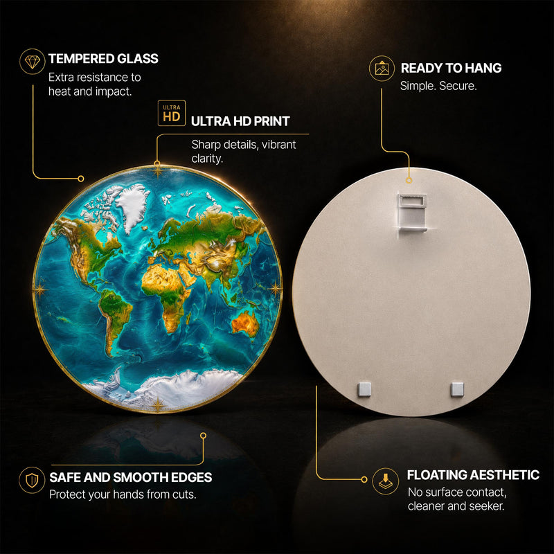 Gilded Earth Map — tempered glass, ultra HD print, ready to hang