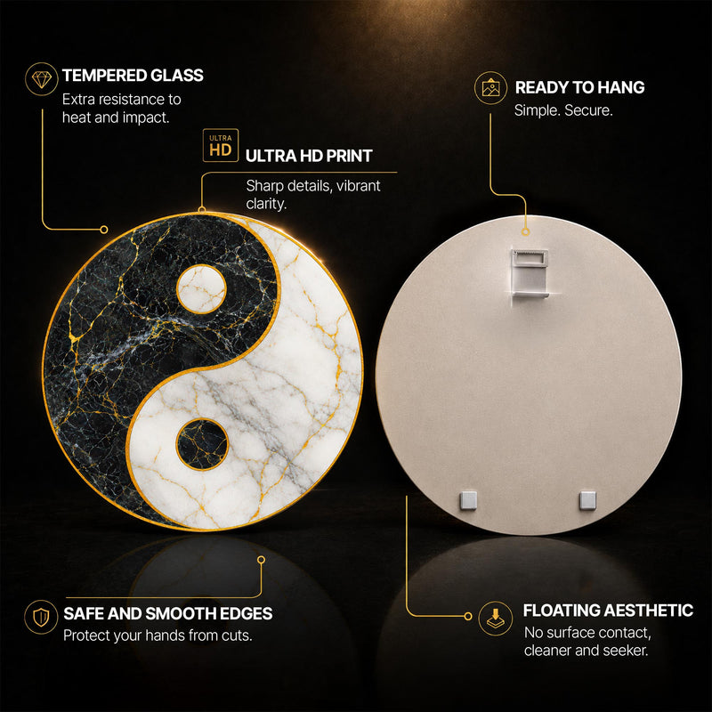 Marble Yin Yang — tempered glass, ultra HD print, ready to hang