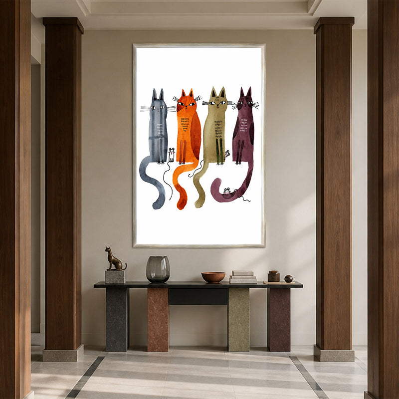 Four Curious Cats with silver frame