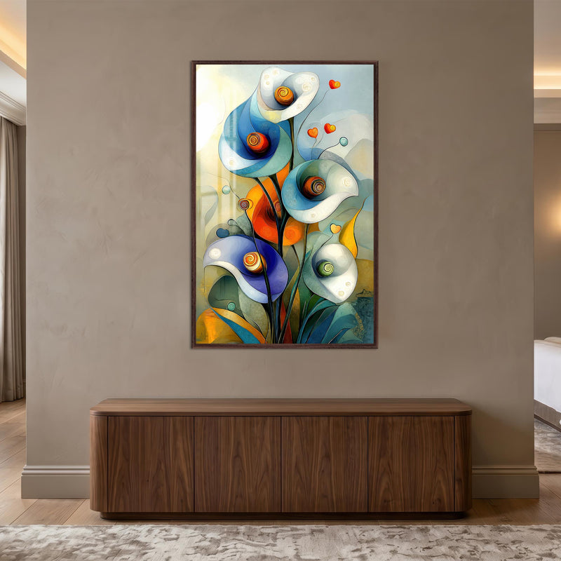 Whimsical Calla Blooms with walnut frame