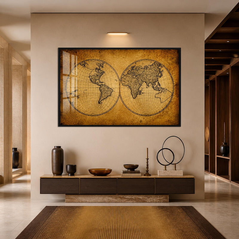 Artronauts Glass Print 18x12 cm | 7.1"x4.7" / Black Antique World Map Glass Wall Art