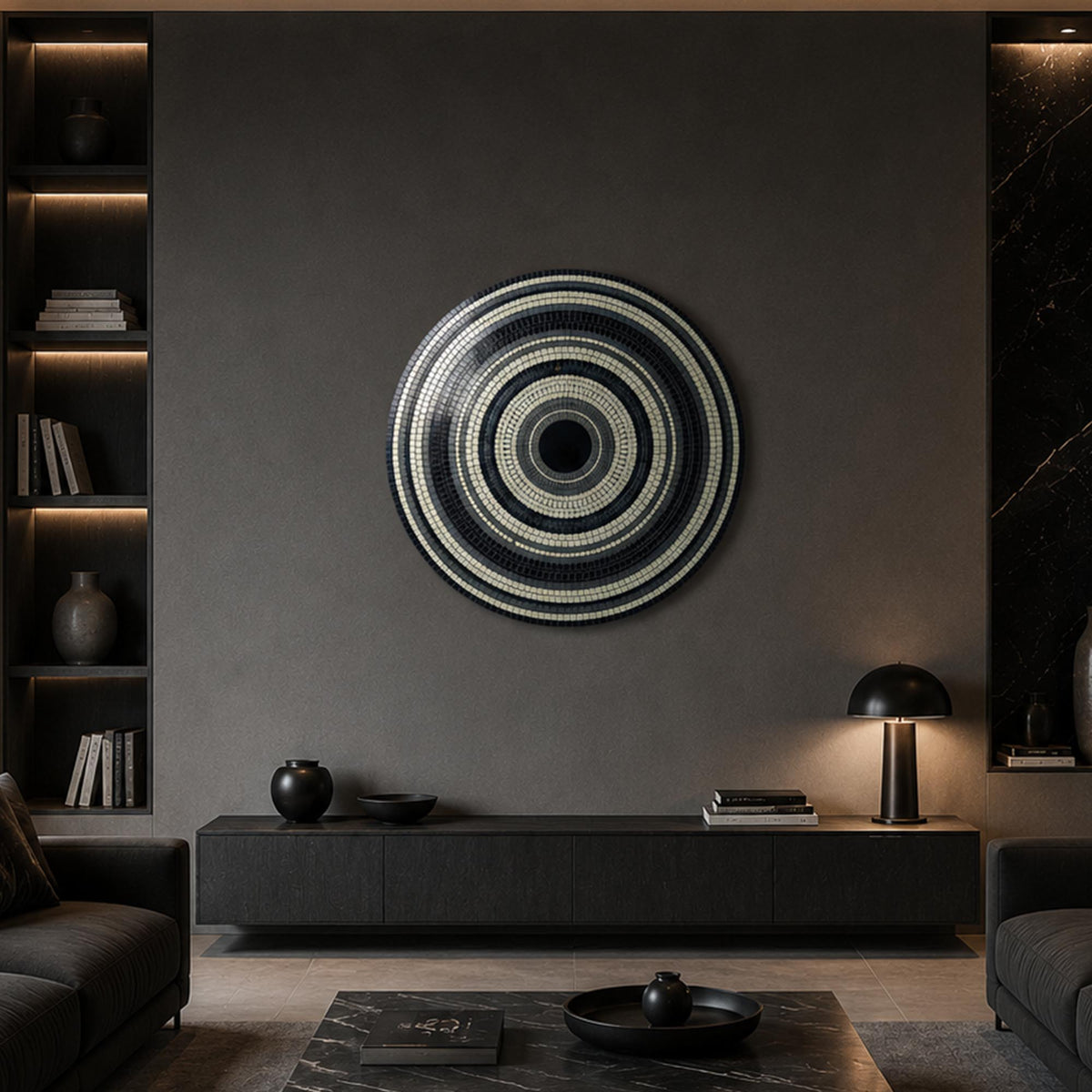 Monochrome Concentric Rhythm in a modern room