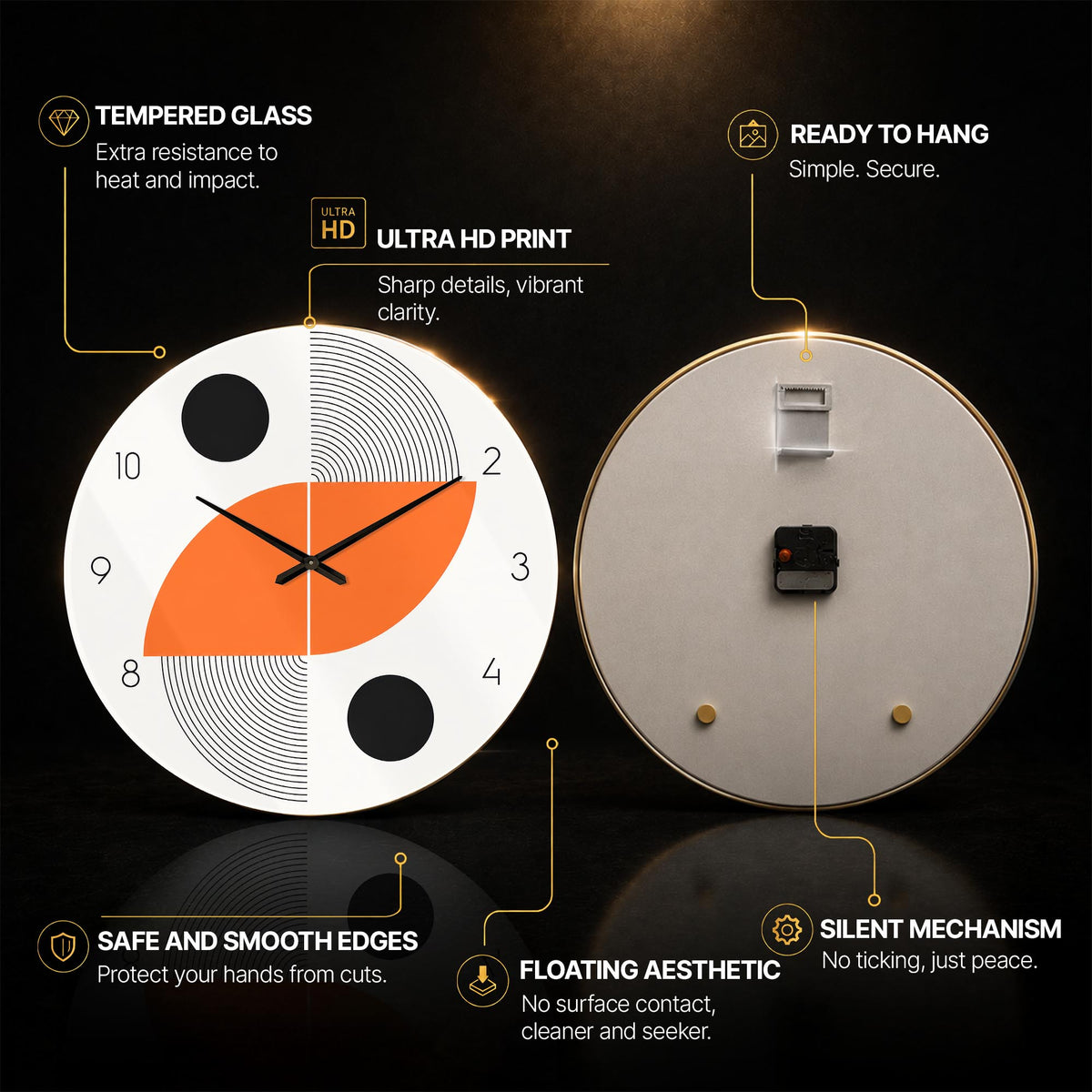 Orange Orbit Shapes — tempered glass, ultra HD print, ready to hang