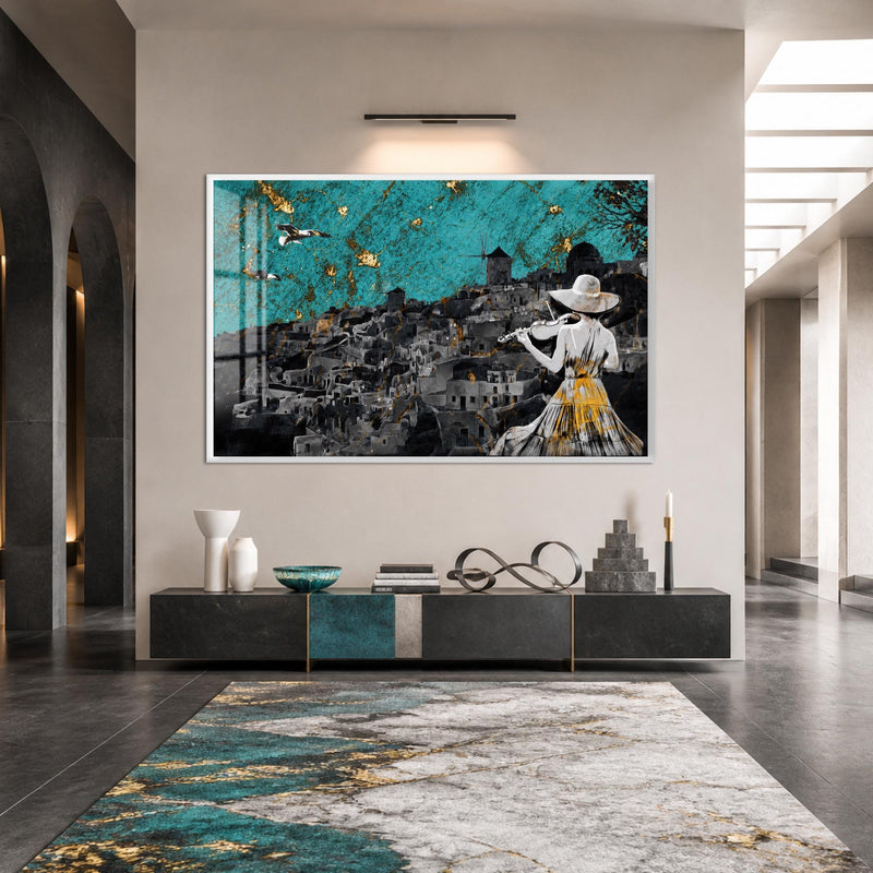 Artronauts Glass Print 18x12 cm | 7.1"x4.7" / White Violinist Over Santorini Glass Wall Art