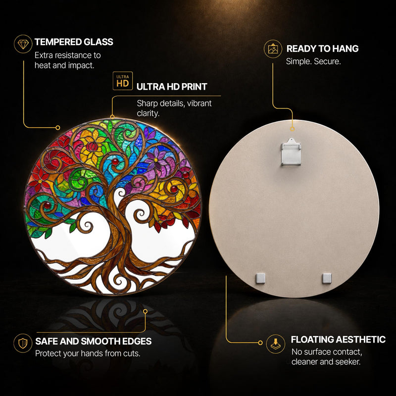Rainbow Floral Tree Of Life — tempered glass, ultra HD print, ready to hang