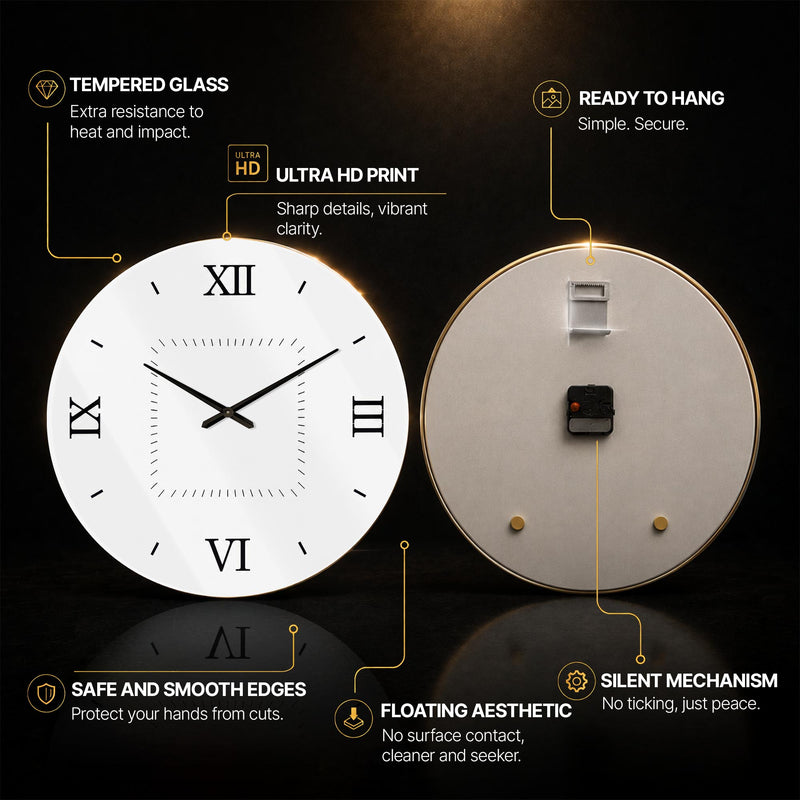 Classic Roman Numerals — tempered glass, ultra HD print, ready to hang