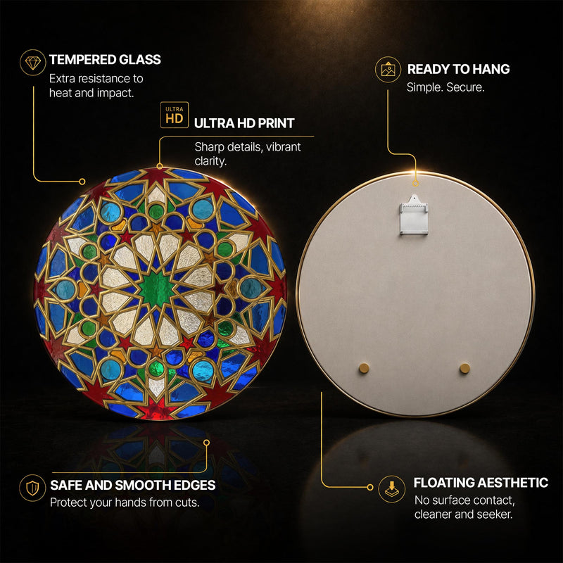 Moroccan Star Mosaic Medallion — tempered glass, ultra HD print, ready to hang