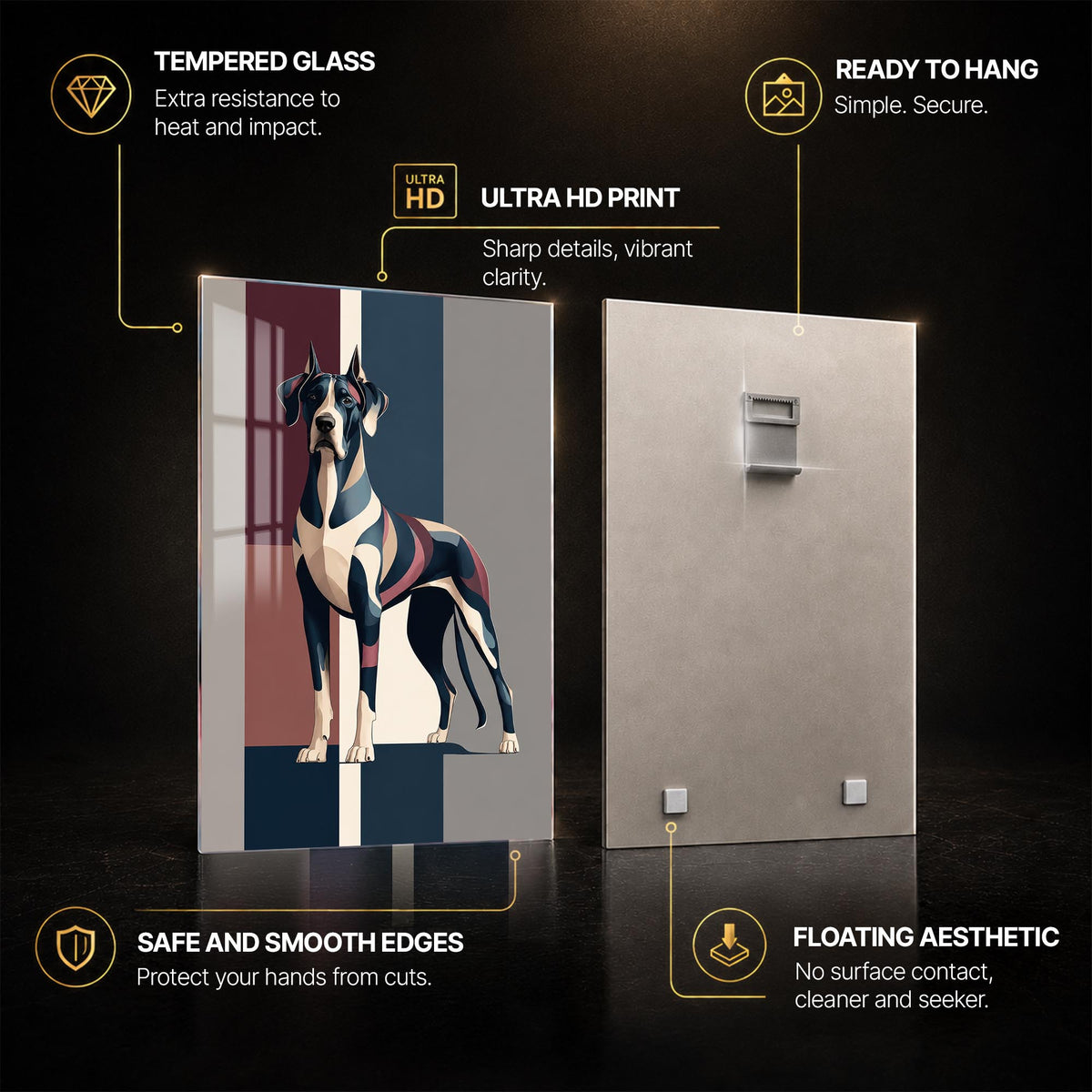 Modern Great Dane — tempered glass, ultra HD print, ready to hang