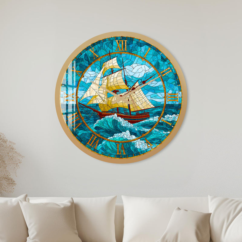 Stained Glass Sailing Ship with gold frame