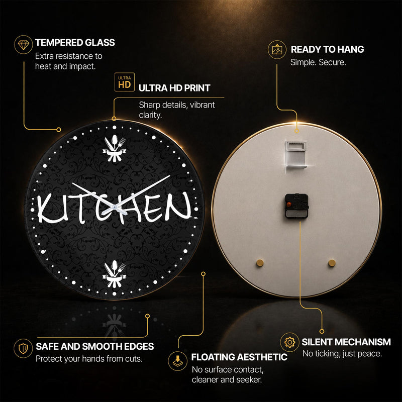 Monochrome Kitchen Script — tempered glass, ultra HD print, ready to hang
