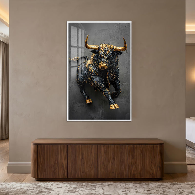Golden Charging Bull with white frame