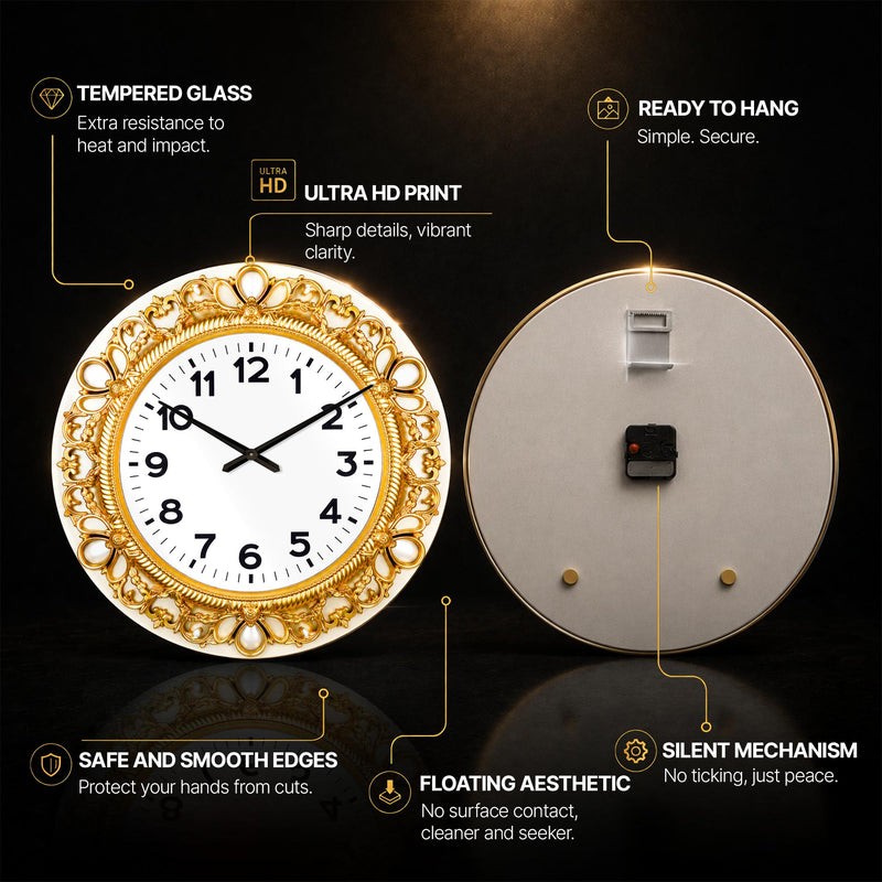 Ornate Golden Timepiece — tempered glass, ultra HD print, ready to hang