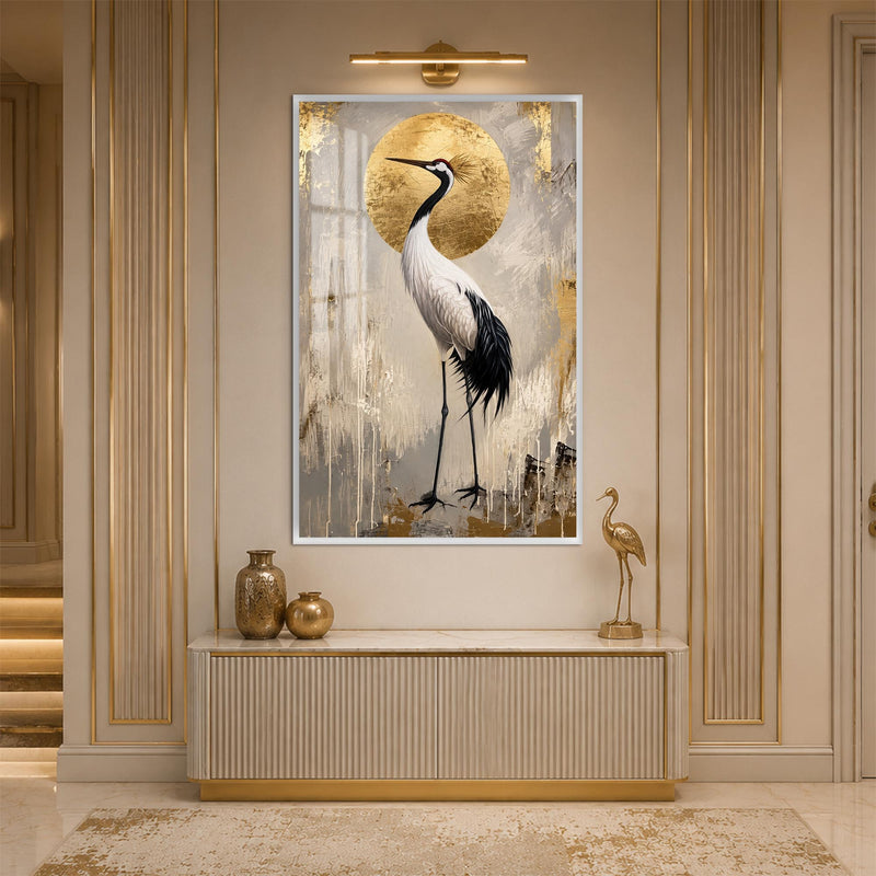 Crane Before Golden Sun with white frame