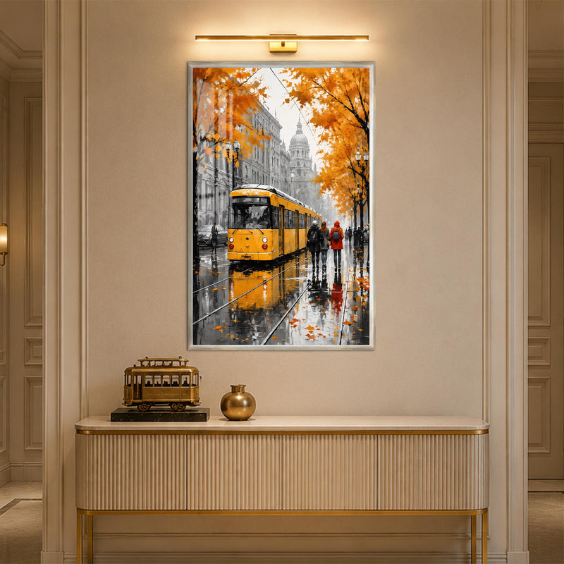 Yellow Tram in Rain with silver frame