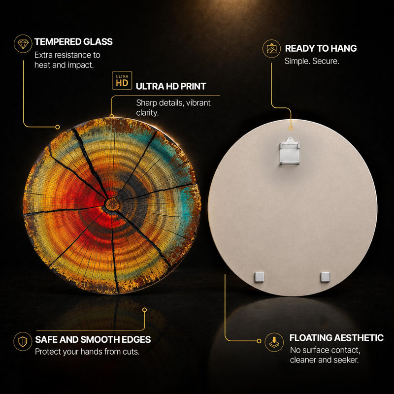Sunlit Timber Rings — tempered glass, ultra HD print, ready to hang