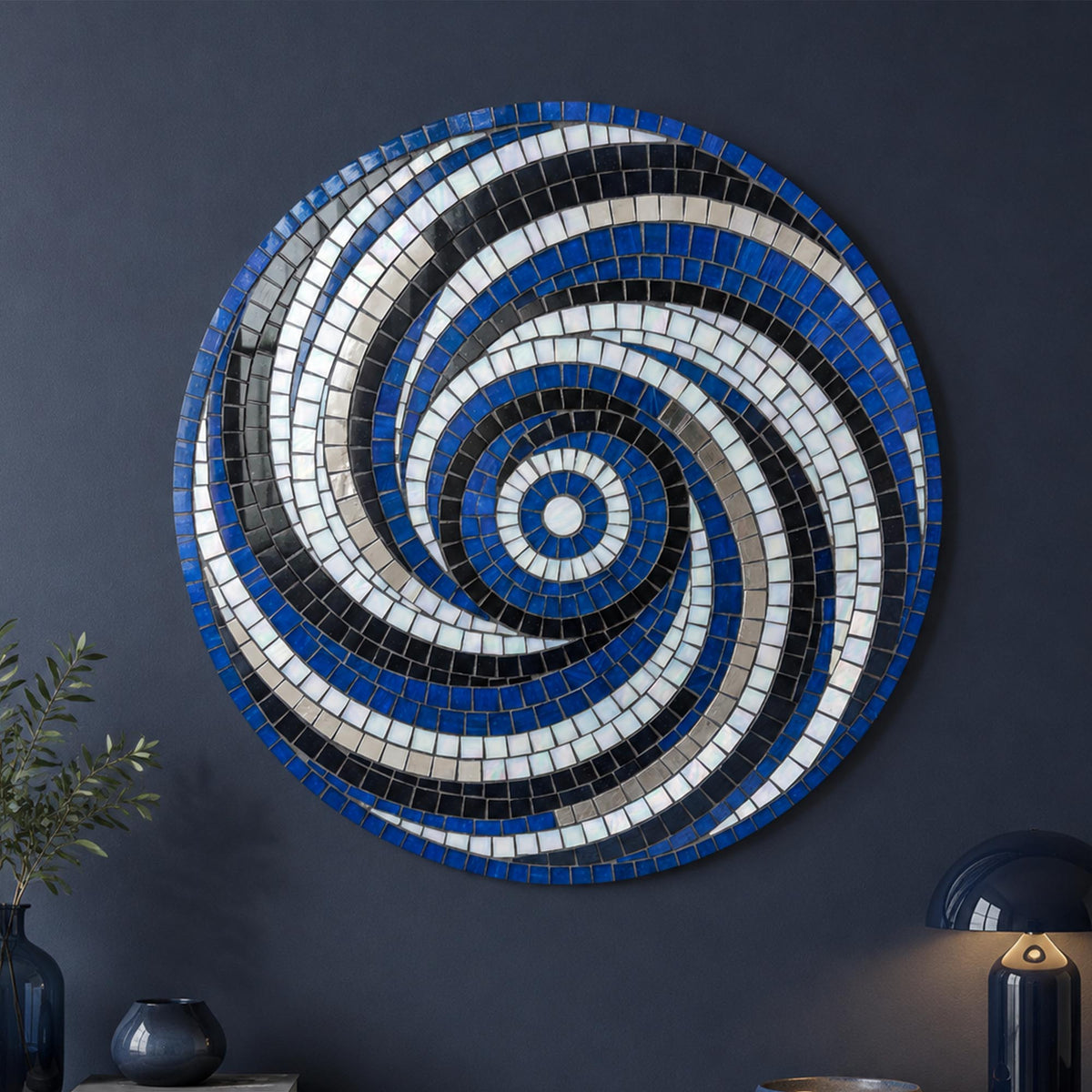 Midnight Mosaic Spiral — tempered glass, ultra HD print, ready to hang