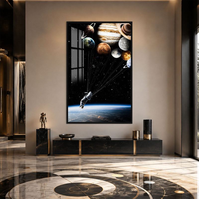 Artronauts Glass Print 12x18 cm | 4.7"x7.1" / Black Planetary Flight Glass Wall Art