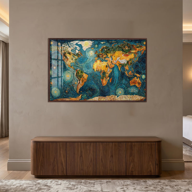 Starry World Map with walnut frame