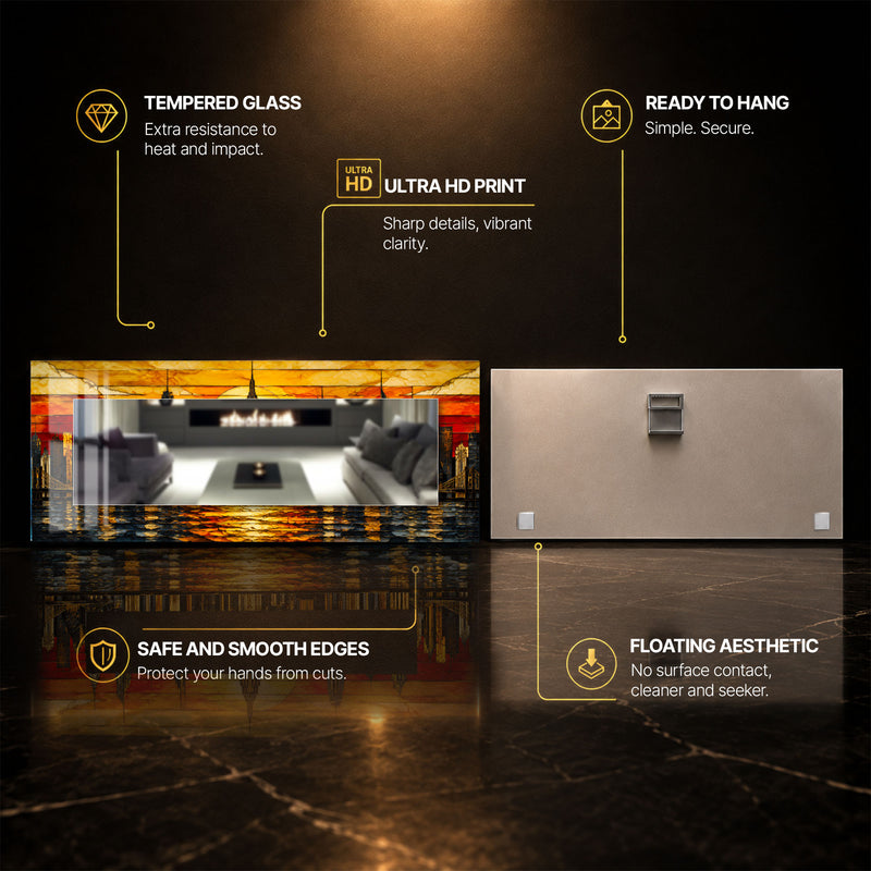 Golden City Sunset — tempered glass, ultra HD print, ready to hang
