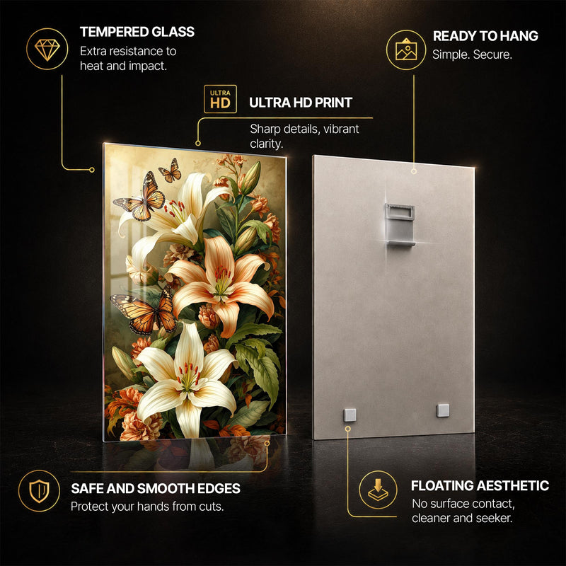 Lilies And Monarchs — tempered glass, ultra HD print, ready to hang