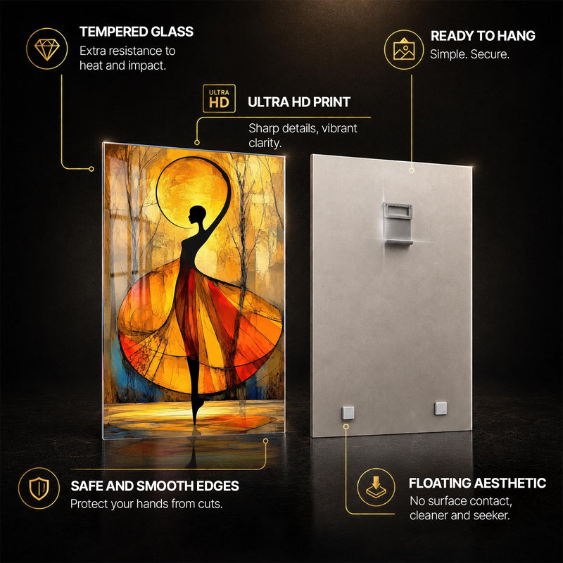 Golden Dancer — tempered glass, ultra HD print, ready to hang