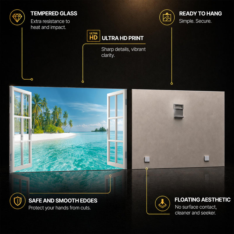 Tropical Window Escape — tempered glass, ultra HD print, ready to hang