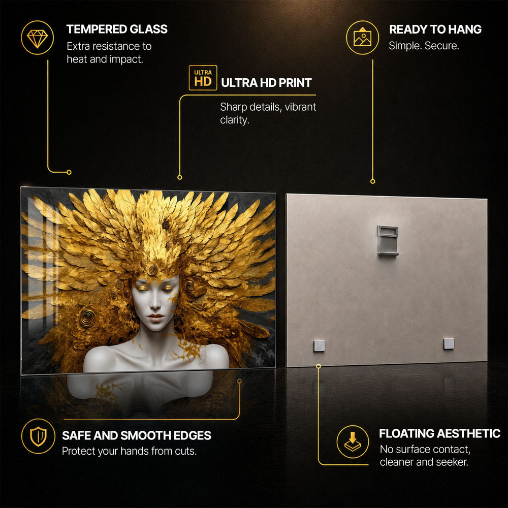 Artronauts Glass Print Golden Feather Goddess Glass Wall Art