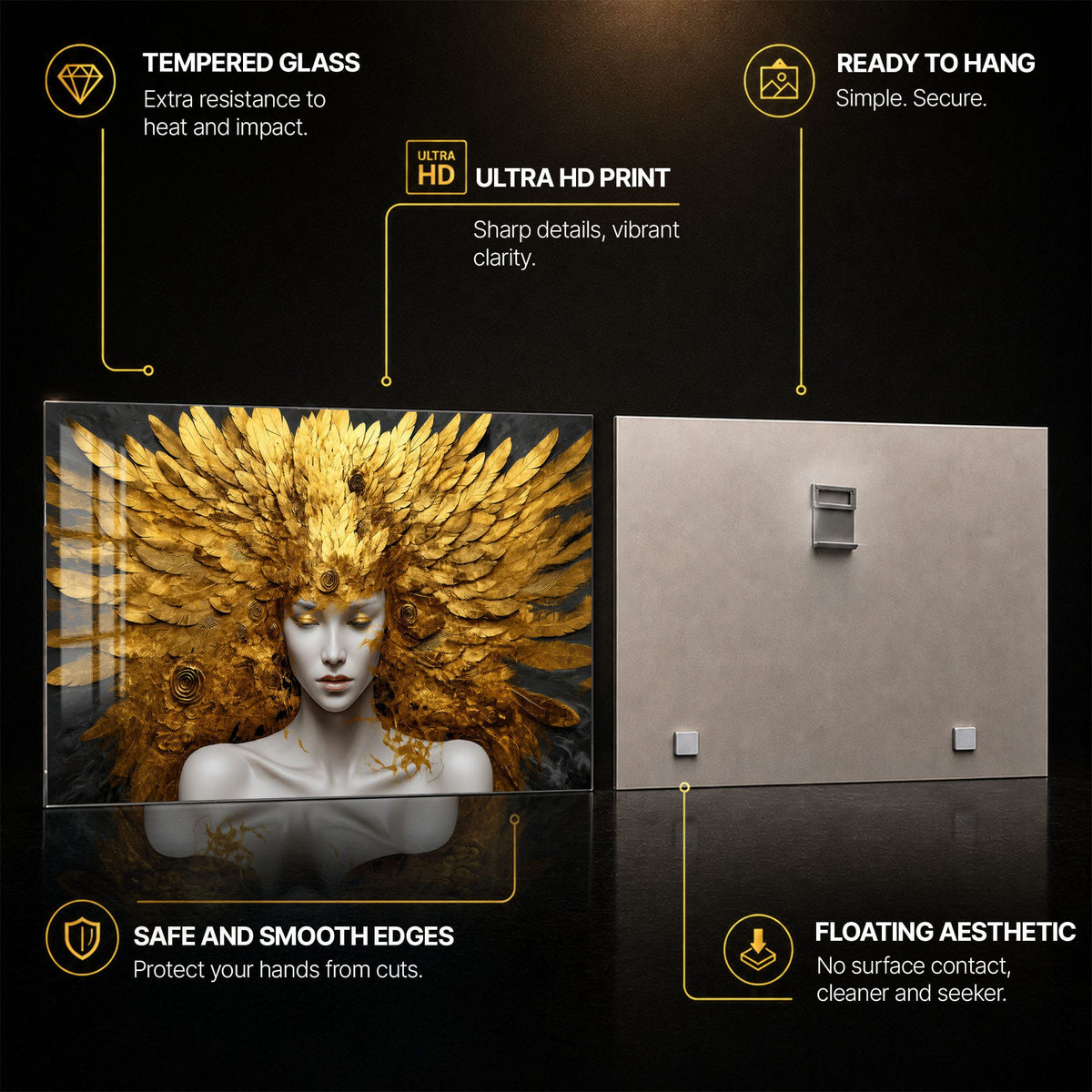 Artronauts Glass Print Golden Feather Goddess Glass Wall Art