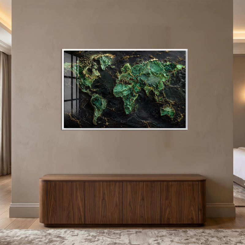 Emerald Marble World Map with white frame