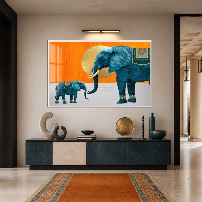 Artronauts Glass Print 18x12 cm | 7.1"x4.7" / White Ornamental Elephants Glass Wall Art
