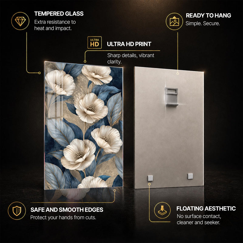 Ivory Midnight Blooms — tempered glass, ultra HD print, ready to hang