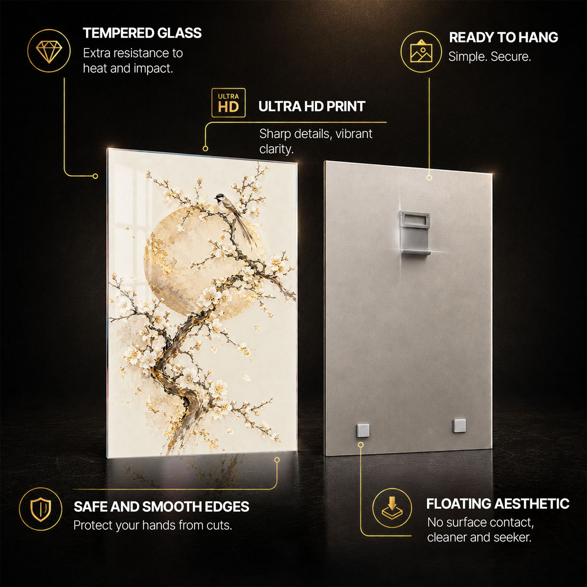 Golden Blossom — tempered glass, ultra HD print, ready to hang