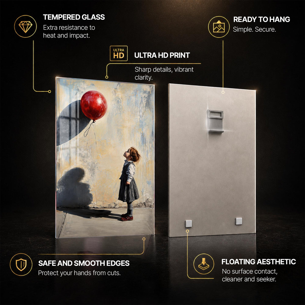 Girl With Red Balloon — tempered glass, ultra HD print, ready to hang