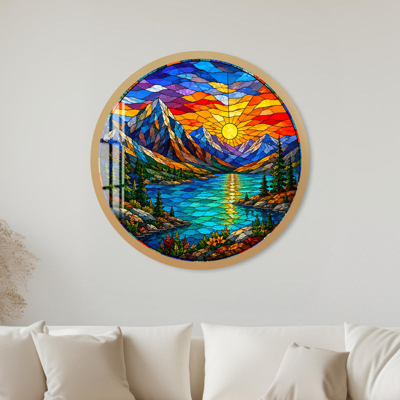 Stained Glass Mountain Sunset with gold frame