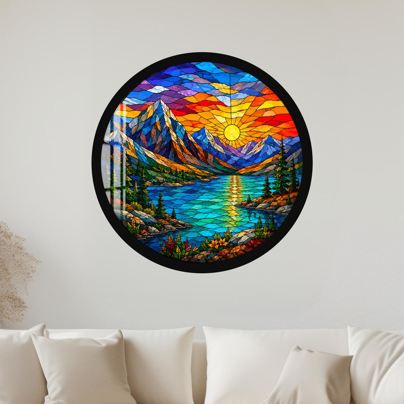 Stained Glass Mountain Sunset with black frame