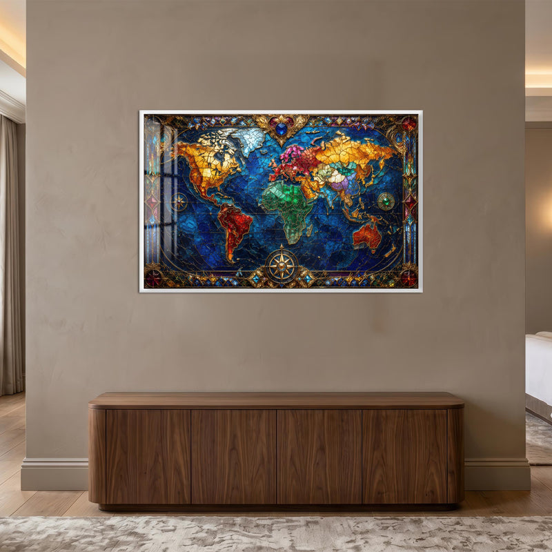 Jeweled World Map with white frame